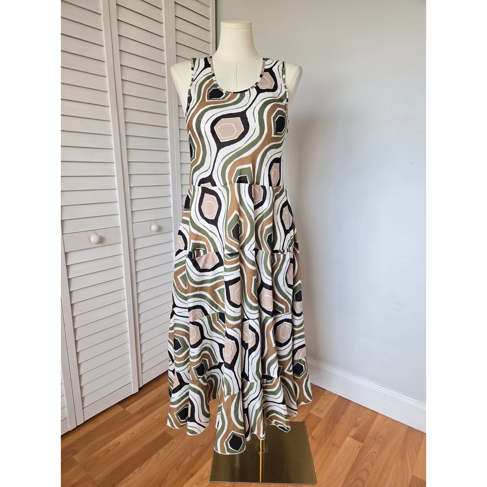 Kaktus Olive Abstract Cotton Tiered Midi Dress Sz S Boho Artsy Pockets Retro Mod